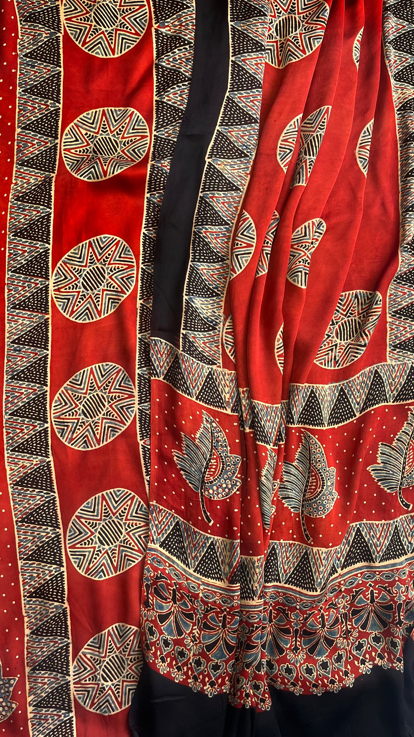 Maddar Red Patti and Circle Buti Modal Silk 2pc Suit Material Set with Modal Silk Dupatta