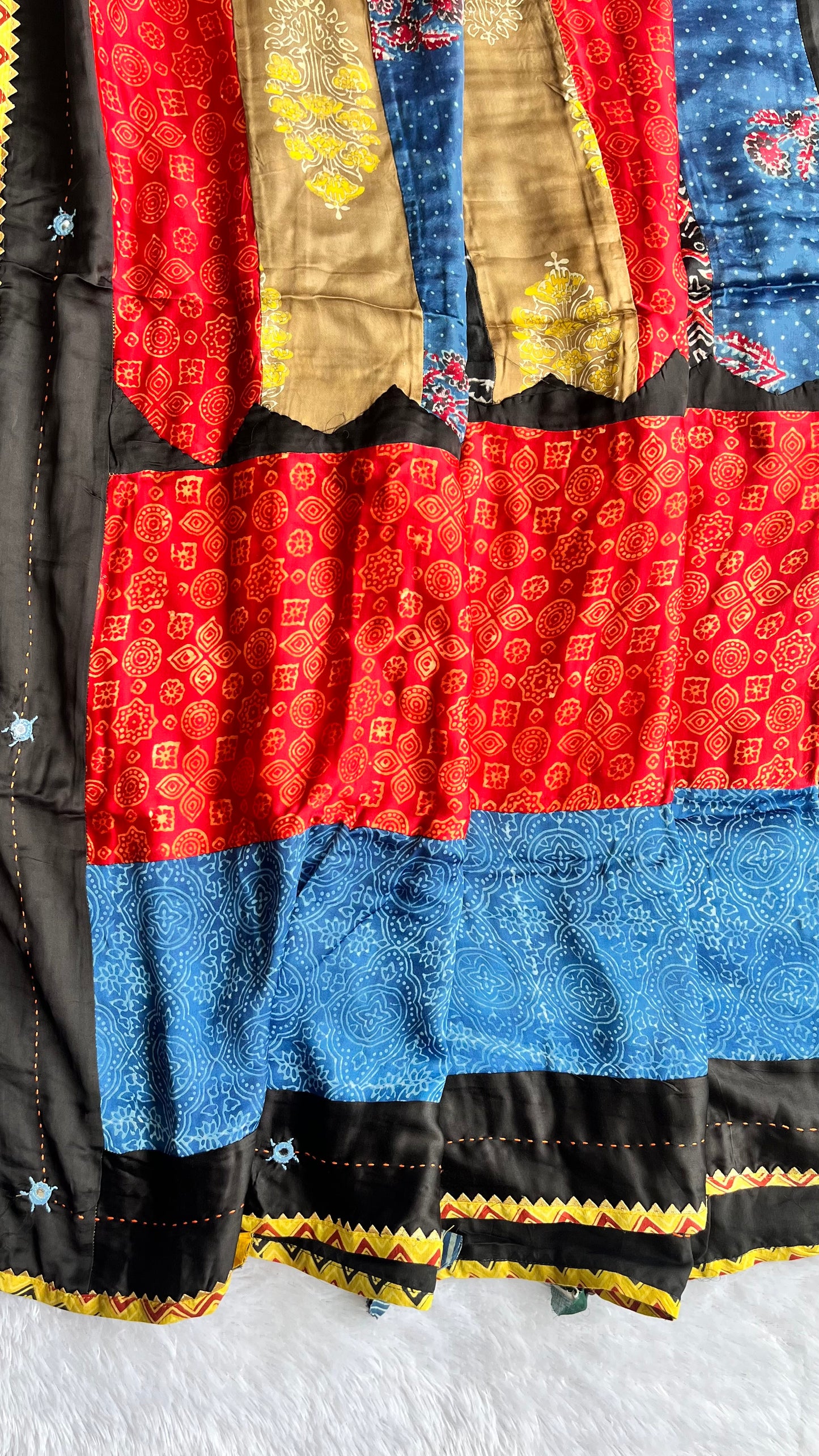 Multi Shade Ajrakh Applique Patchwork Modal Silk Kantha Work Dupatta with Tassels and Mirror-work