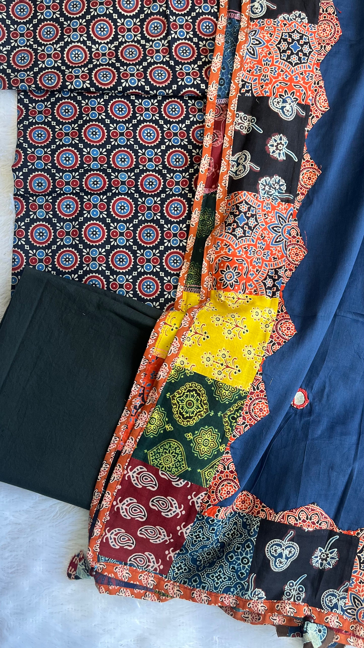 Black and Blue Ajrakh Unstitched Suit Set with Multicolour Ajrakh Applique Patchwork Cotton Dupatta