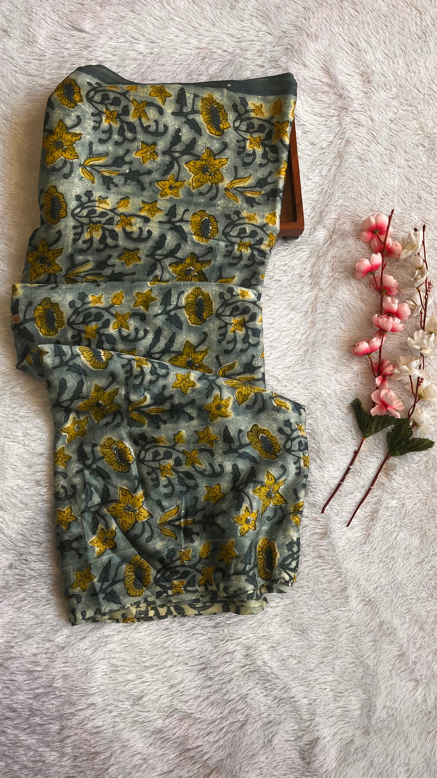 Steel Blue Shade Floral Motif Pure Modal Silk Fabric