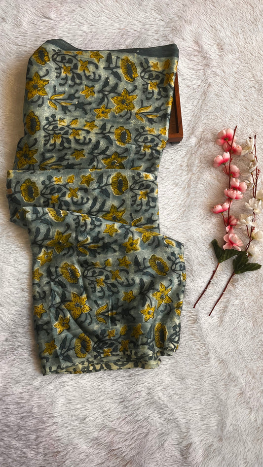 Steel Blue Shade Floral Motif Pure Modal Silk Fabric