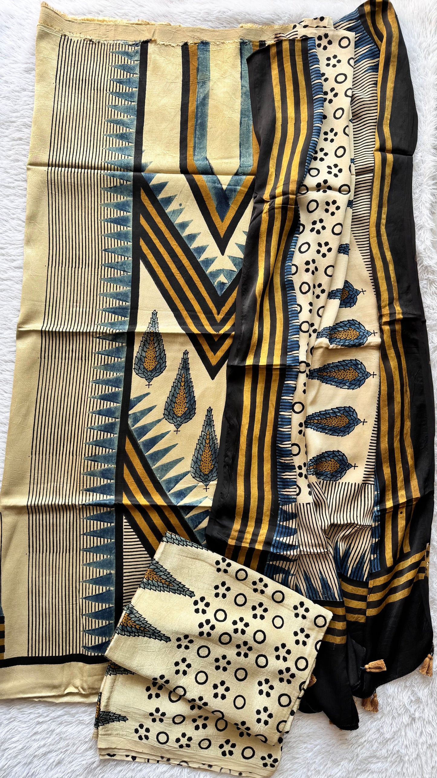 Off White Asopallav Motif Ajrakh Hand Block Print Mashru Silk 3 pc Suit Material with Modal Silk Dupatta