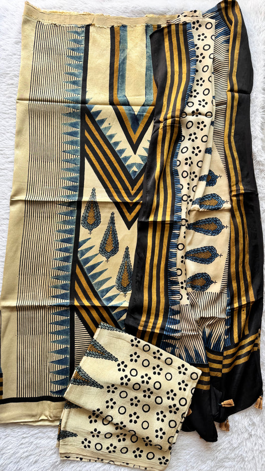 Off White Asopallav Motif Ajrakh Hand Block Print Mashru Silk 3 pc Suit Material with Modal Silk Dupatta