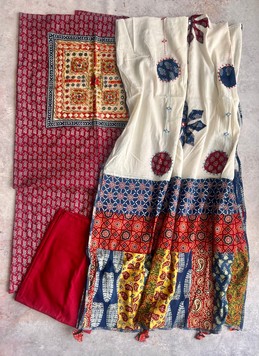 Red Small Booti Ajrakh Suit Set with Kutch embroidery and Multicolour Ajrakh Applique Cotton Dupatta