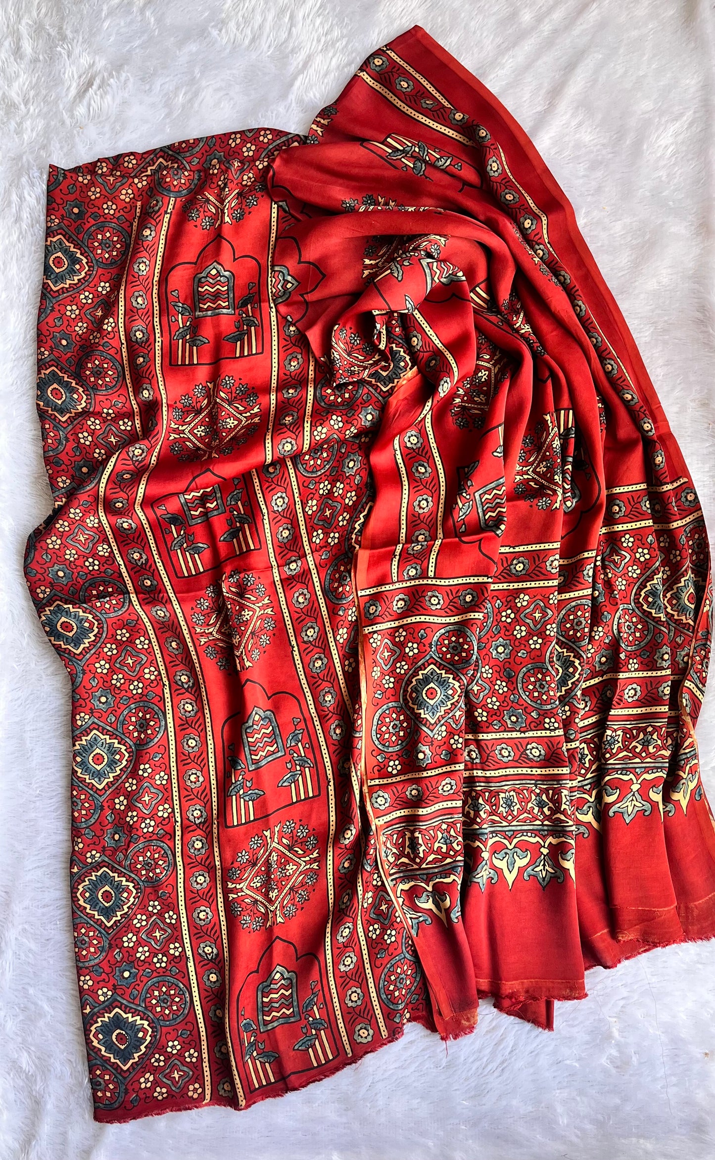 Red Lotus Flower Print Modal Silk Ajrakh Natural Dyed Hand Block Print 2pc Suit Material Set