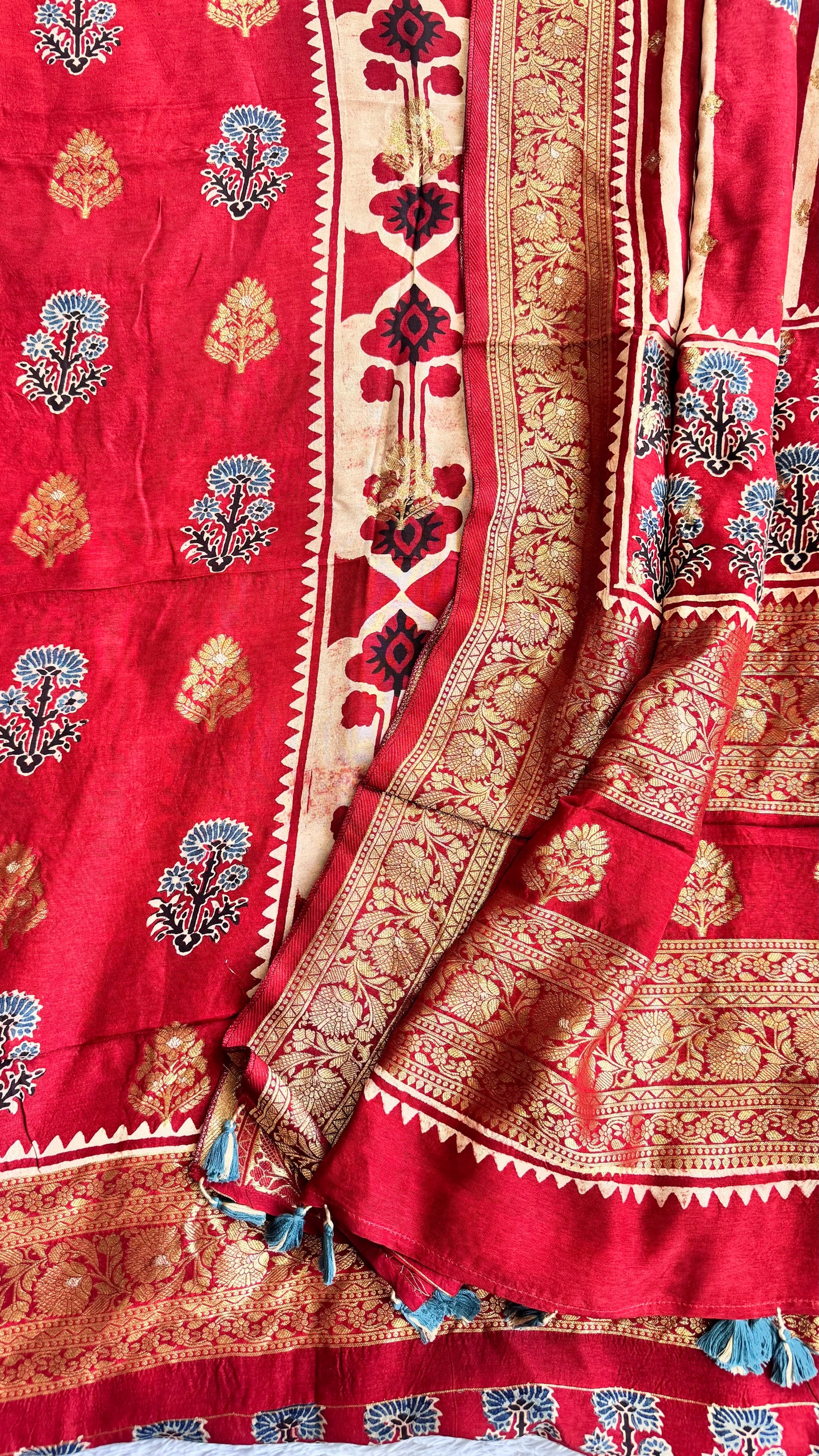 Ravishing Red Rose Boota Pure Dola Silk Ajrakh Hand Block Print 2pc Suit Material Set with Zari Yoke and Nakkashi Dupatta