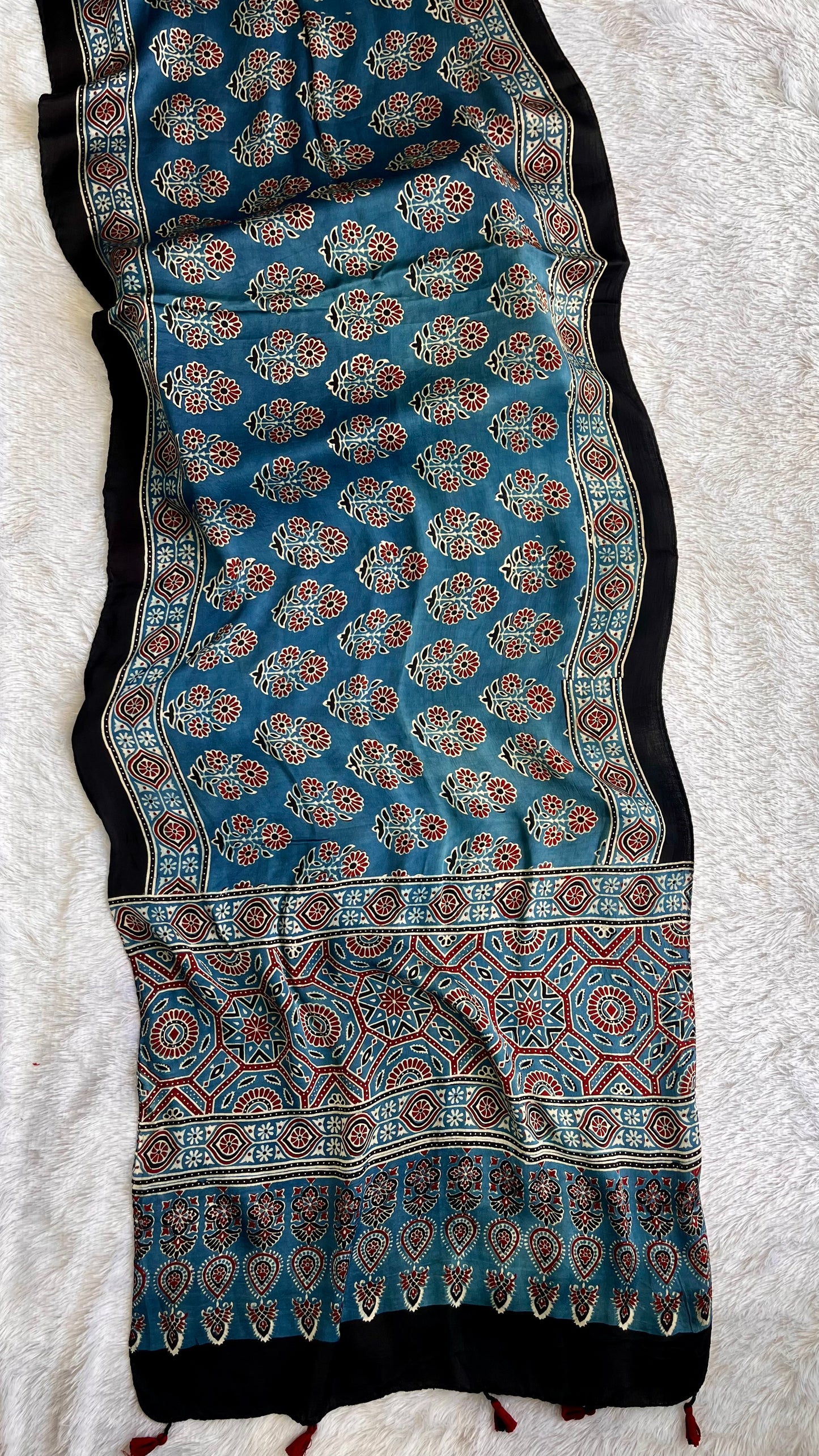 Blue Floral Buta Motif Ajrakh Hand Block Print Modal Silk Stole with Tassels