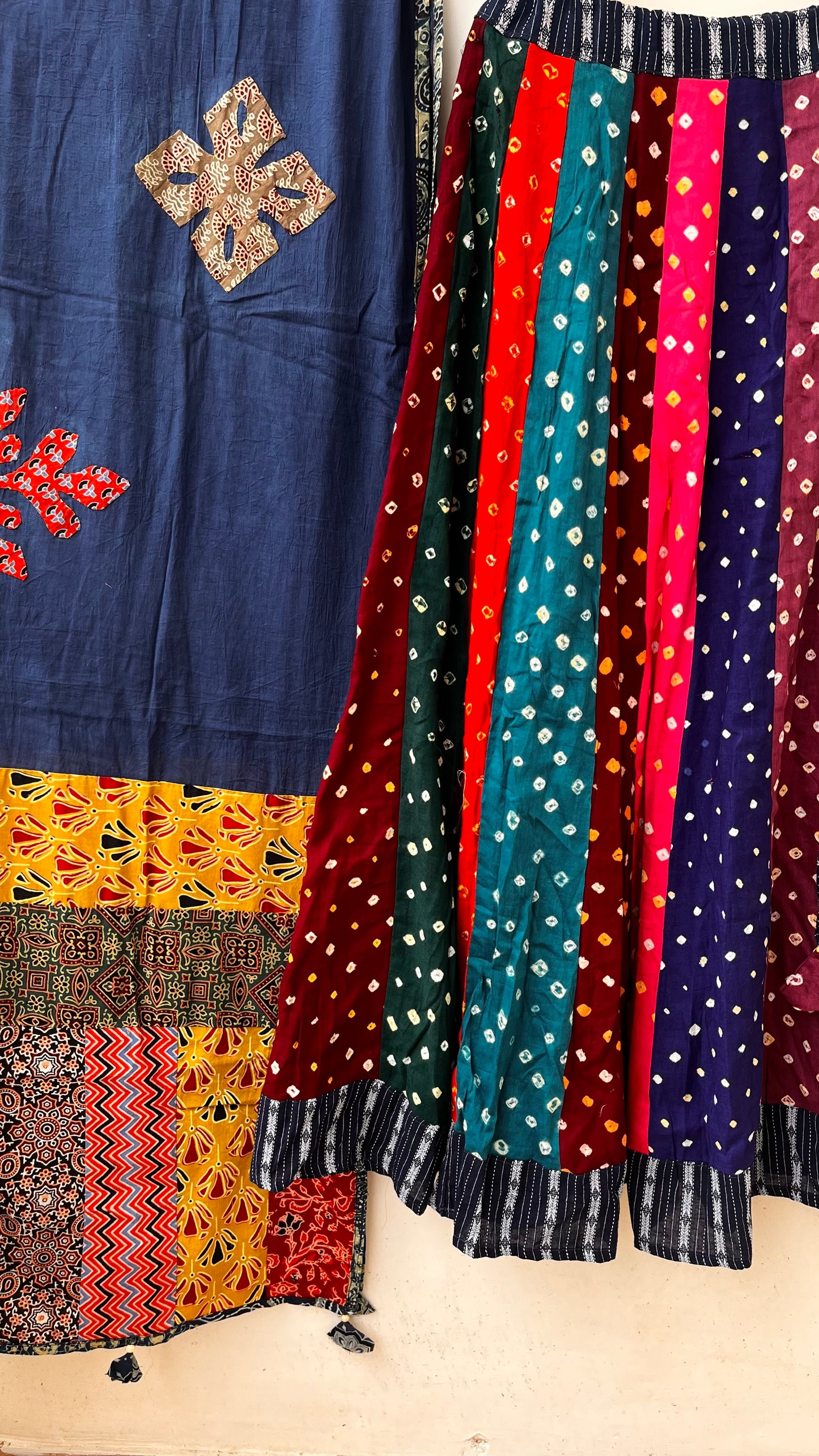 Multicolour Gherdaar Kali Cotton Long Flared Skirt with Navy Blue Applique Patchwork Dupatta