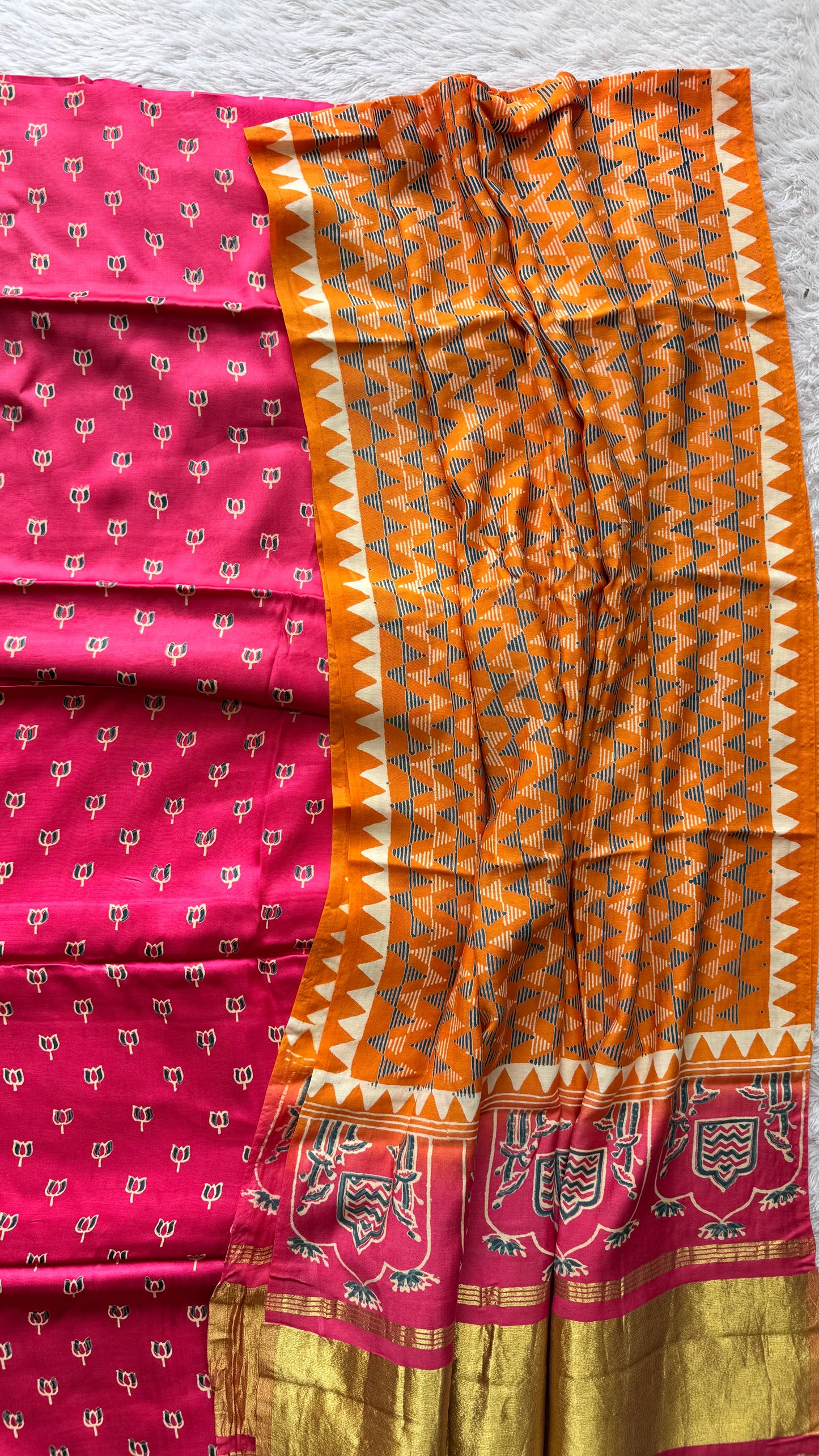 Hot Pink and Orange Buta Print Modal Silk Ajrakh Natural Dyed Hand Block Print 2pc Suit Material Set