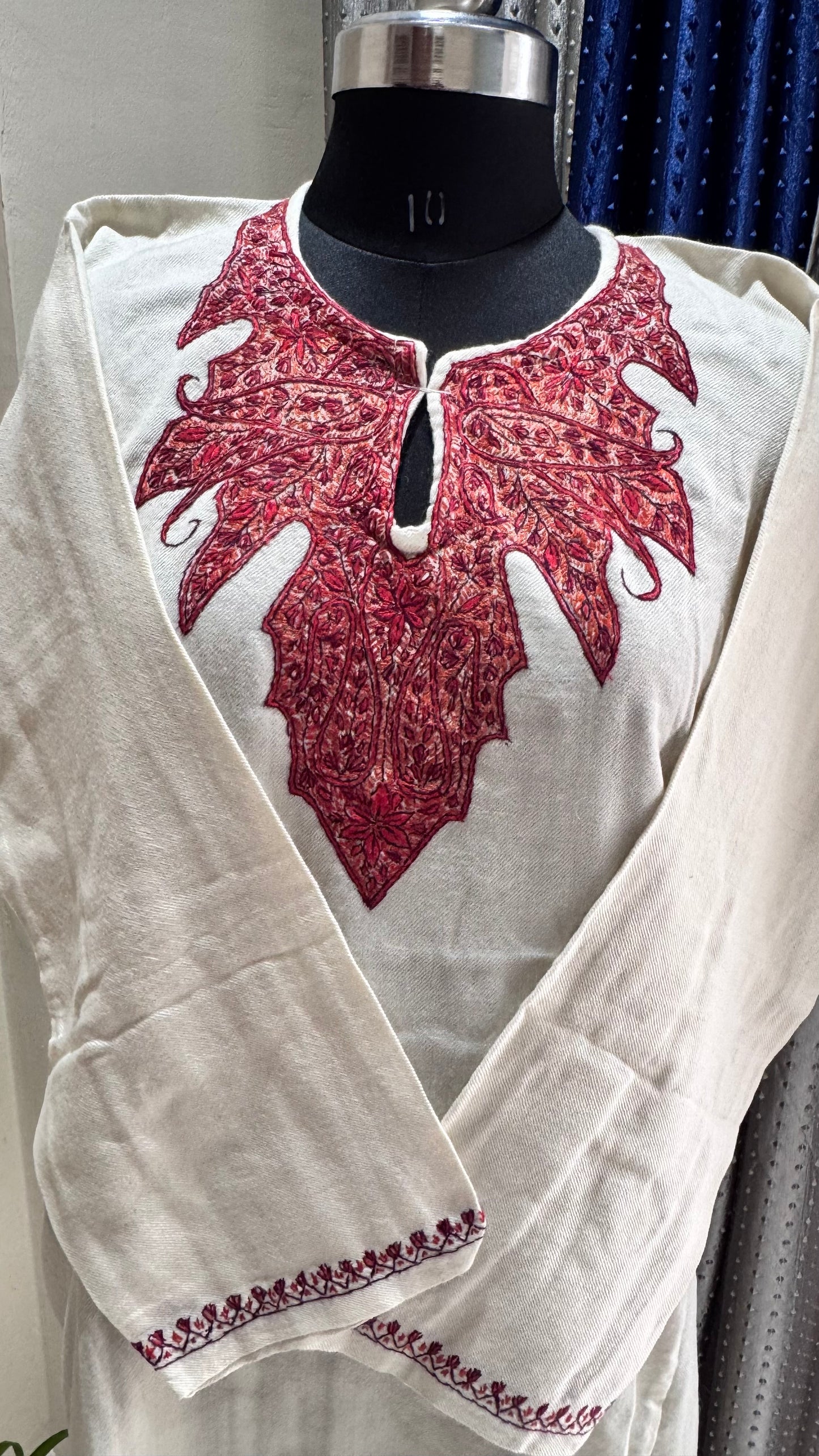 Off White Sozni Hand Embroidered Pure Marino Wool Kashmiri Pheran with Pockets and Hand Embroidered Sleeves (Size 56”)