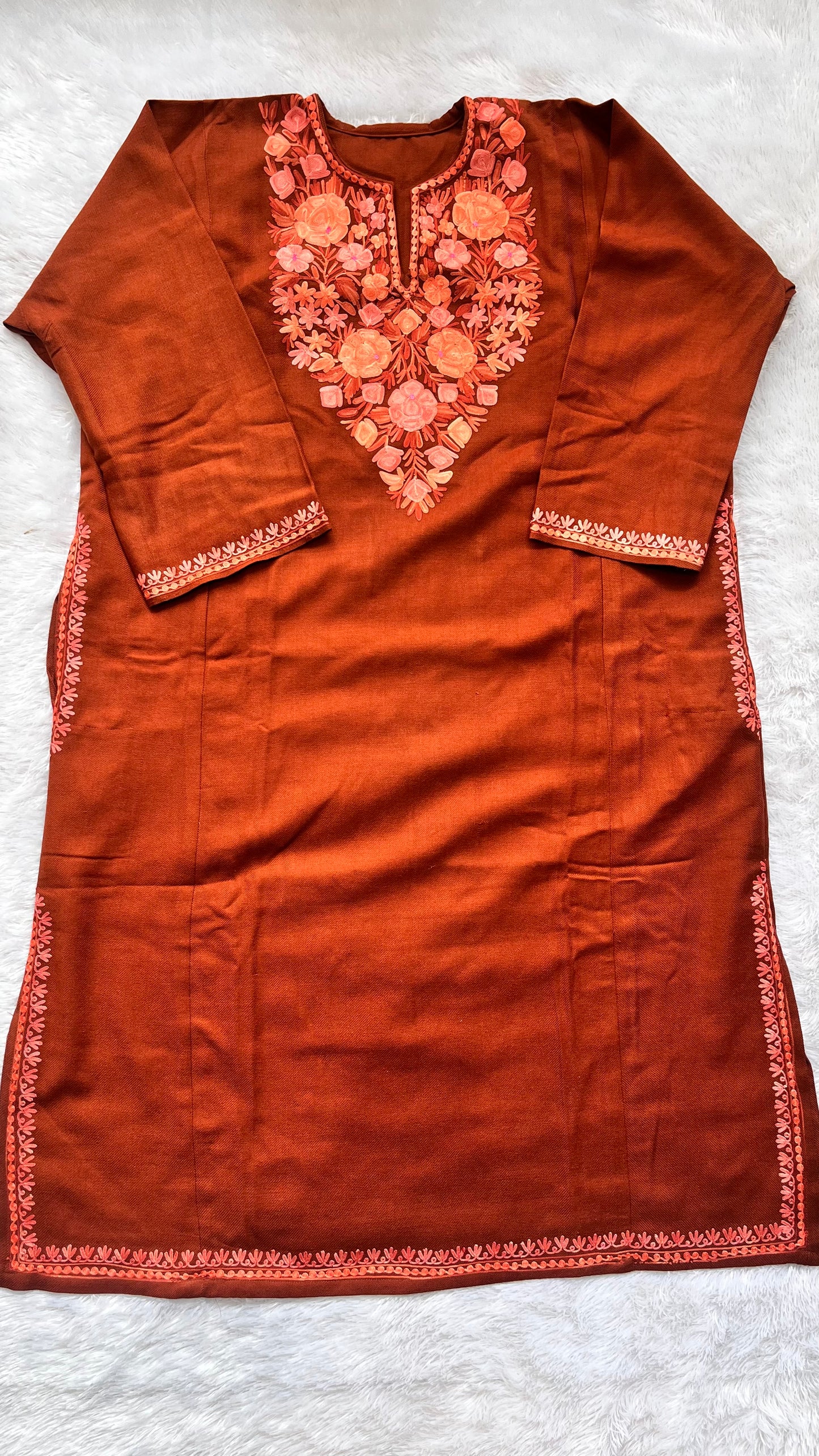 Brown Kashmiri Aari Work Full Embroidered Pheran with Pockets