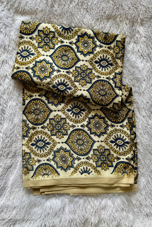 Cut Piece Cream Shade Badaam Buta Motif Ajrakh Mashru Silk fabric