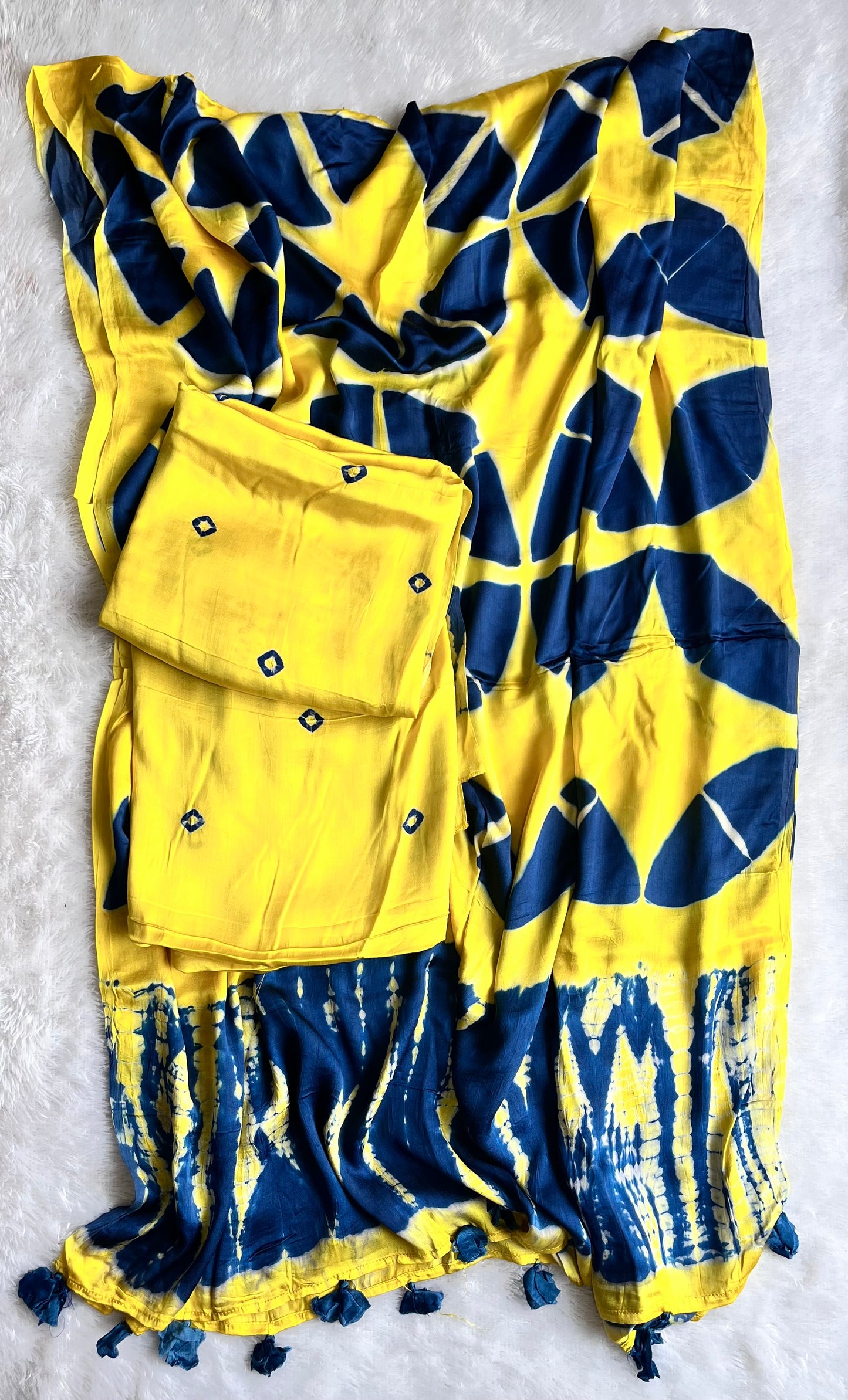 Yellow and Blue Natural Clamp Dyed Print Modal Silk Hand Block Print 2pc Suit Material