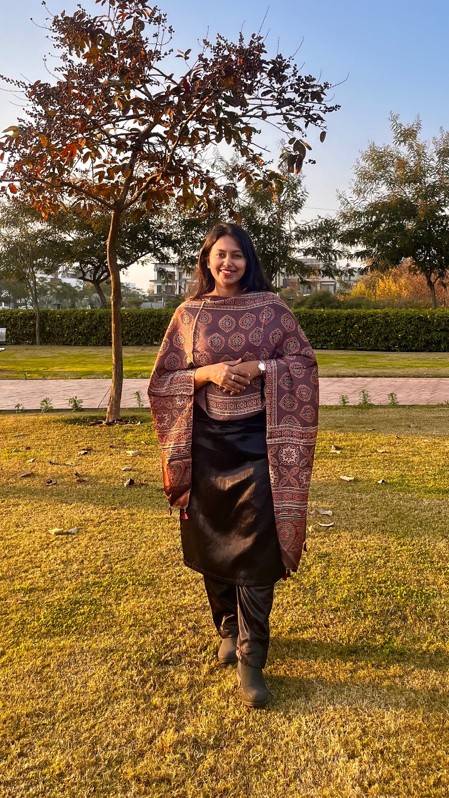Rasin Shade Ajrakh Hand Block Print Modal Silk Stole with Tassels
