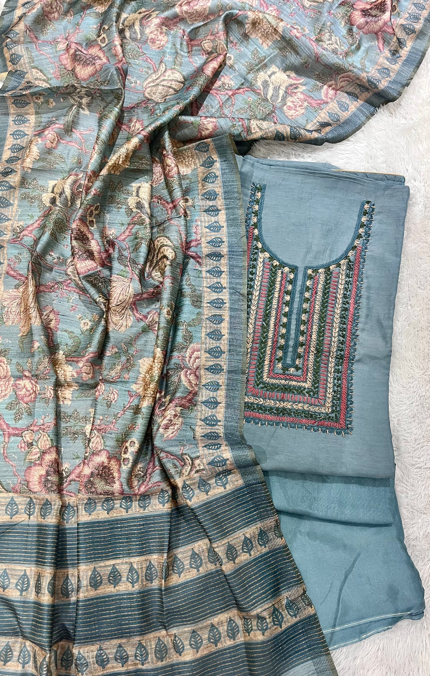 Light Blue Linen Unstitched 3 pc Suit Set with Hand Embroidery on Yoke and Raw Silk Digital Print Dupatta