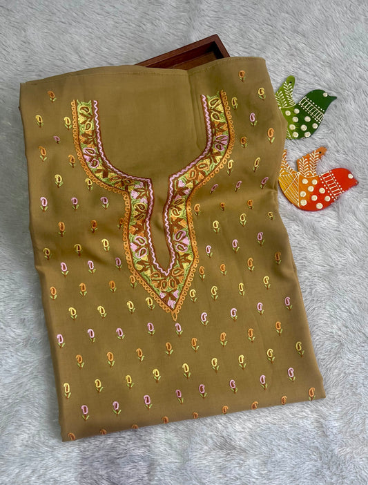 Olive Green with Multicolour Thread work Pure Cotton Kashmiri Aari Embroidered Co Ord 2 pc Set