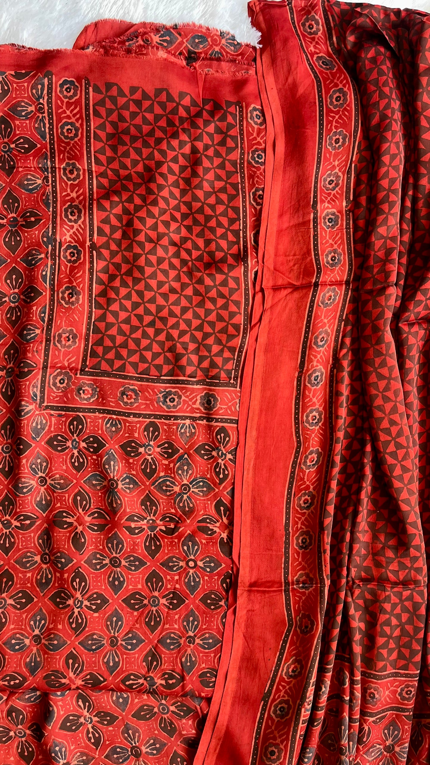 Maroon Modal Silk Hand Block Print 2pc Suit Material Set with Modal Dupatta and Tassels