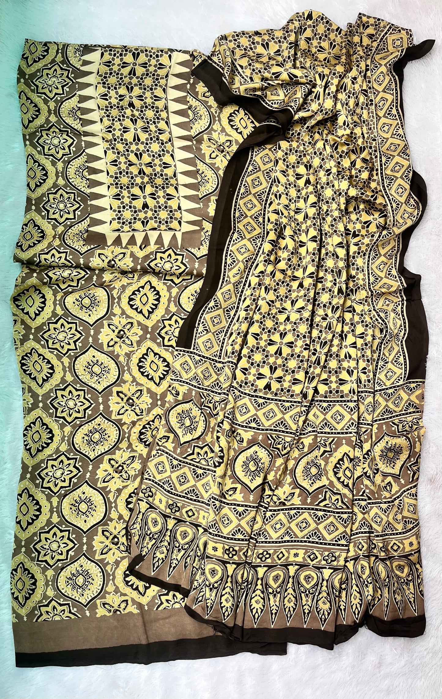 Beige Badaam Buta Motif Ajrakh Hand Block Print Modal Silk Suit Material