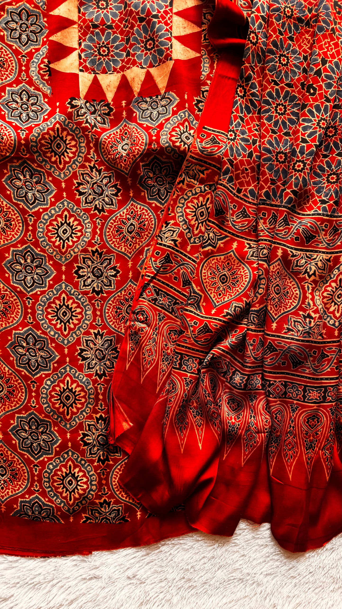 Red Classic Badaam Buta Modal Silk Hand Block Print 2pc Suit Material with Modal Silk Dupatta