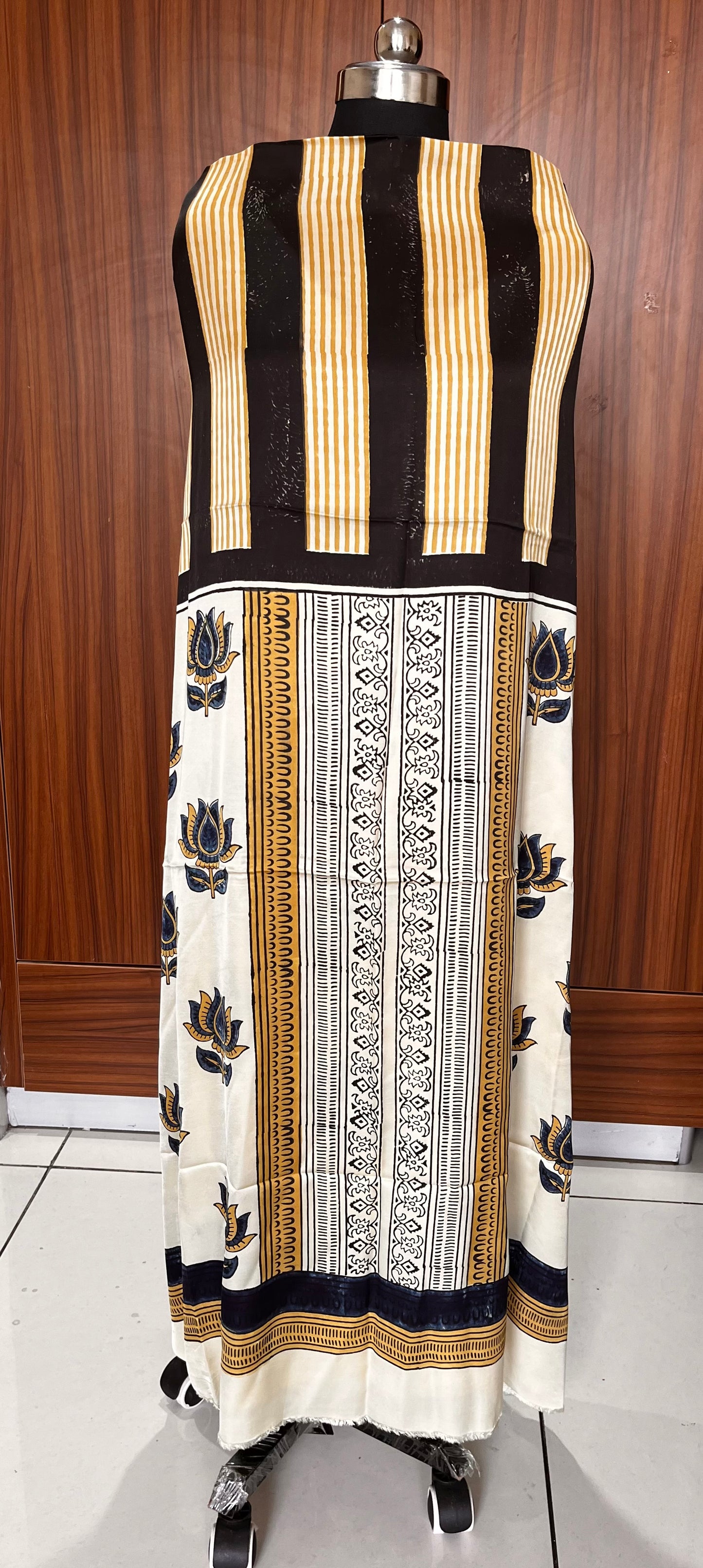 Mustard and Off White Dhaari Motif Modal Silk Ajrakh Hand Block Print Designer Unstitched Fabric (Kurta Only)