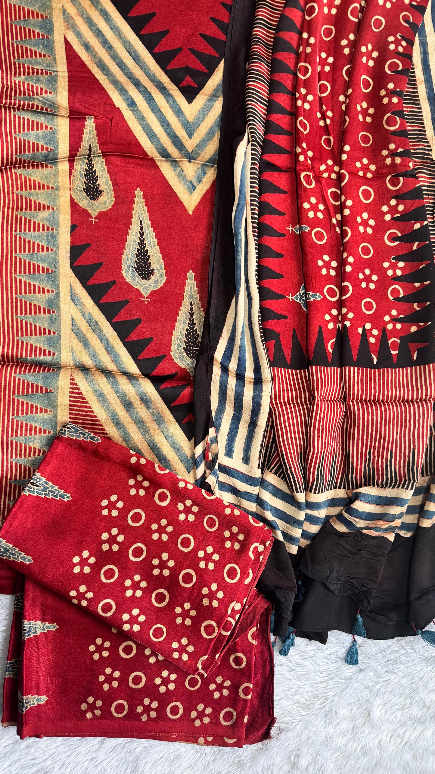 Deep Red Asopallav Motif Ajrakh Hand Block Print Mashru Silk 3 pc Suit Material with Modal Silk Dupatta