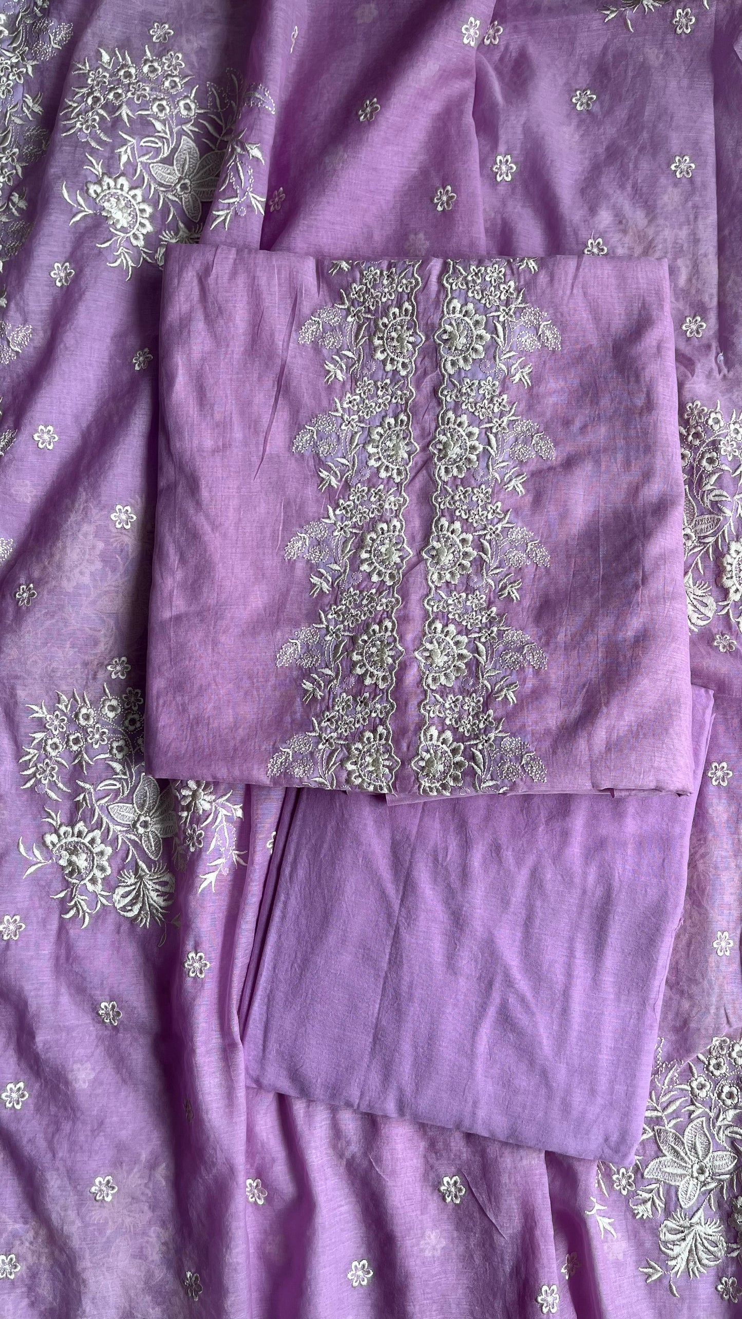 Magical Mauve Pure Mul Chanderi 3 pc Suit Set with Embroidery on Yoke and Heavy Embroidered Dupatta
