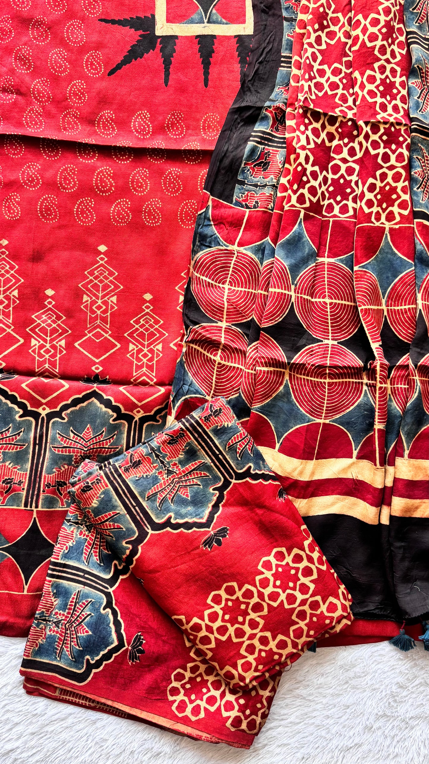 Ravishing Red Jharokha Motif Ajrakh Hand Block Print Mashru Silk 3 pc Suit Material with Modal Silk Dupatta