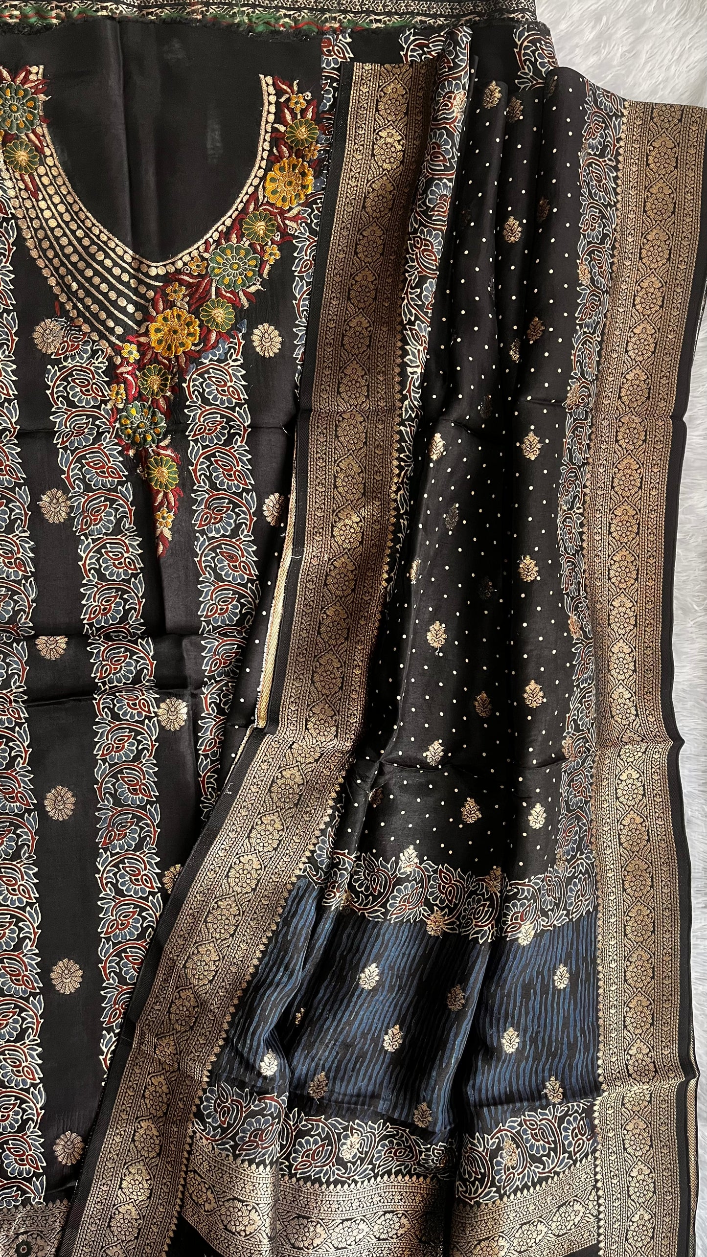 Royal Black Dhaari Boota Pure Dola Silk Ajrakh Hand Block Print 2pc Suit Material Set with Menakari Yoke and Nakkashi Dupatta