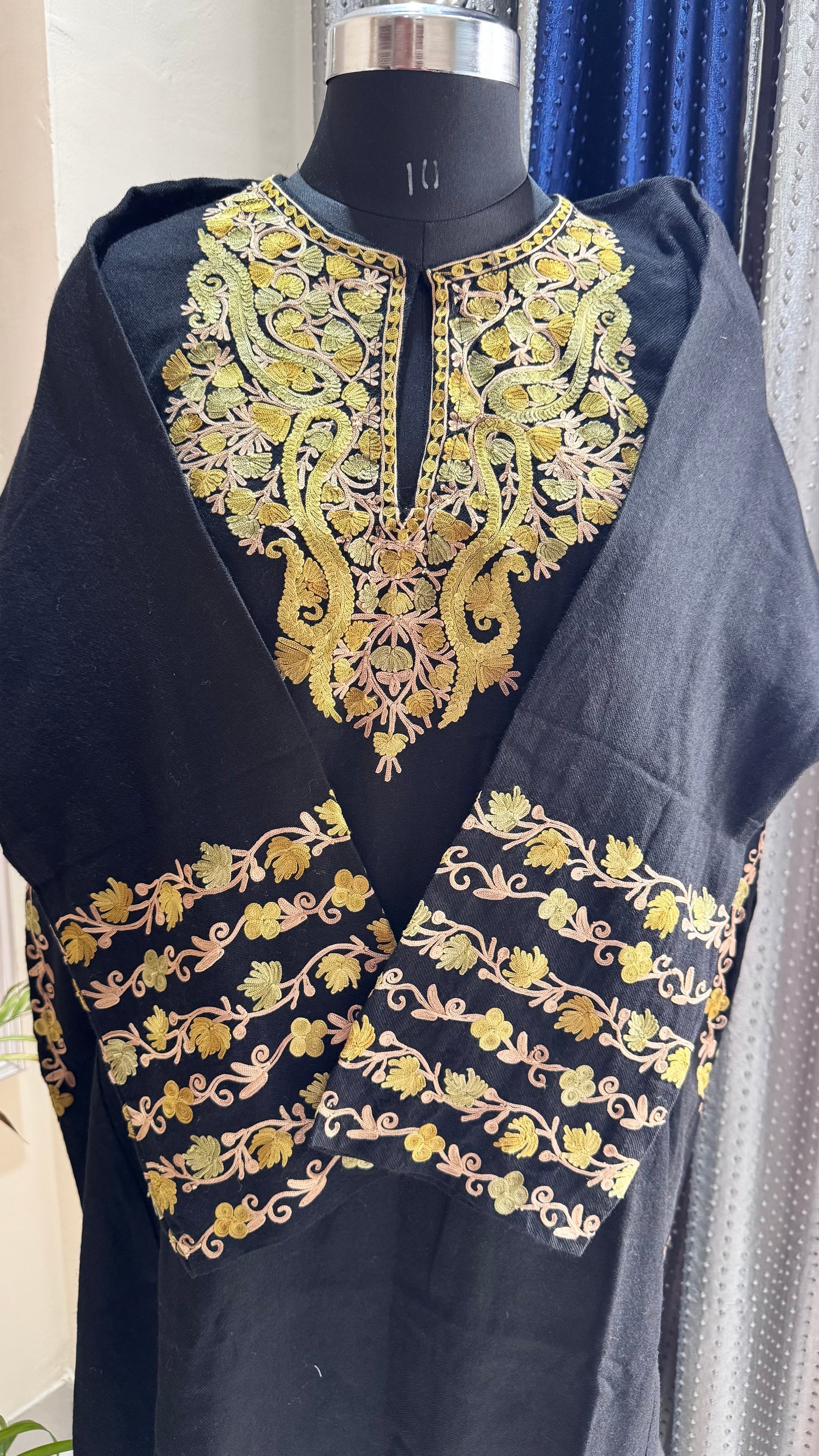 Alluring Black Hand Embroidered Pure Marino Wool Kashmiri Pheran with Pockets and Hand Embroidered Sleeves (Size 56”)