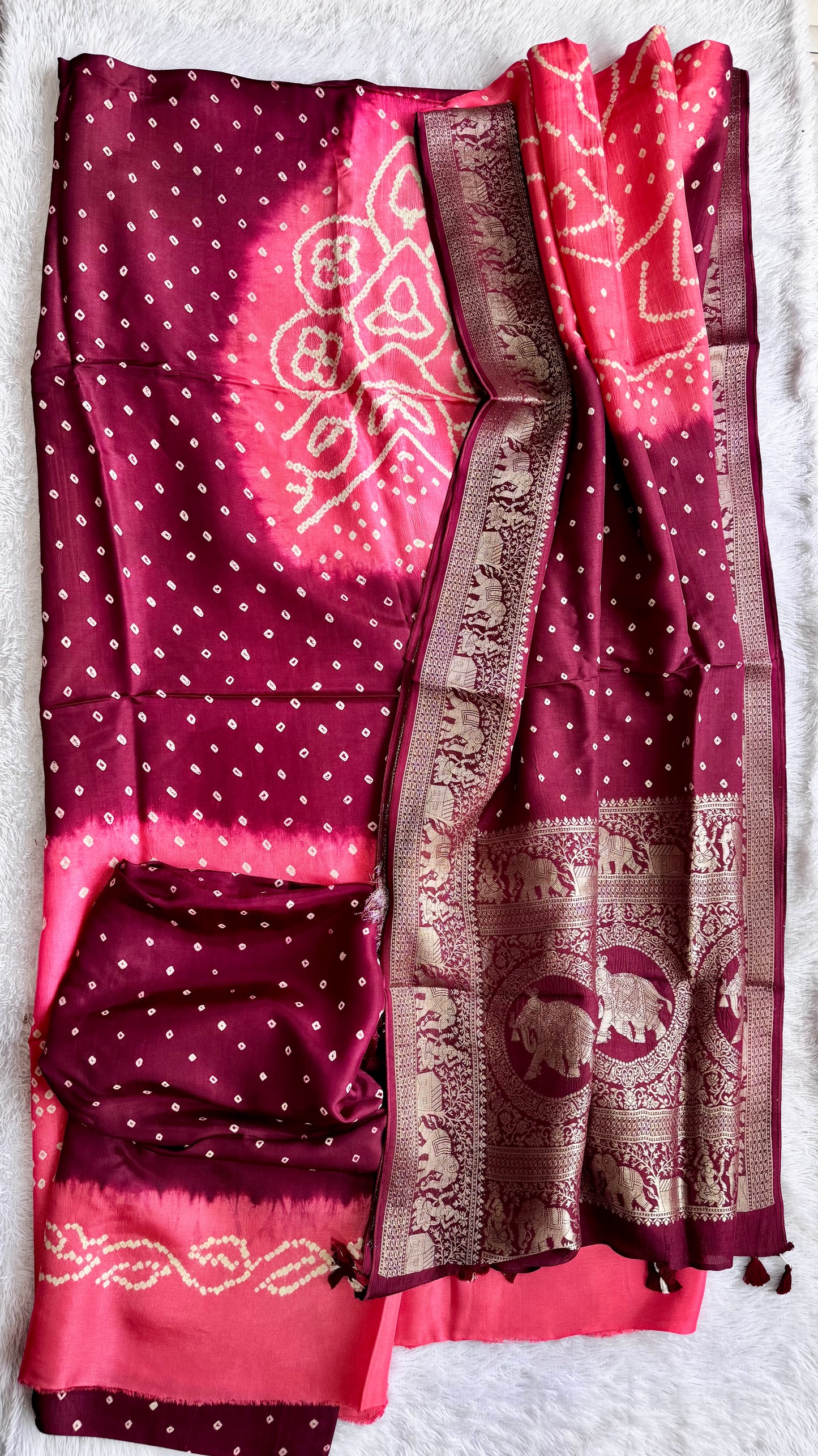 Maroon and Peach Bandhej Pure Dola Silk Ajrakh Hand Block Print 3 pc Suit Material Set with Menakari Yoke and Nakkashi Dupatta and Bottom.
