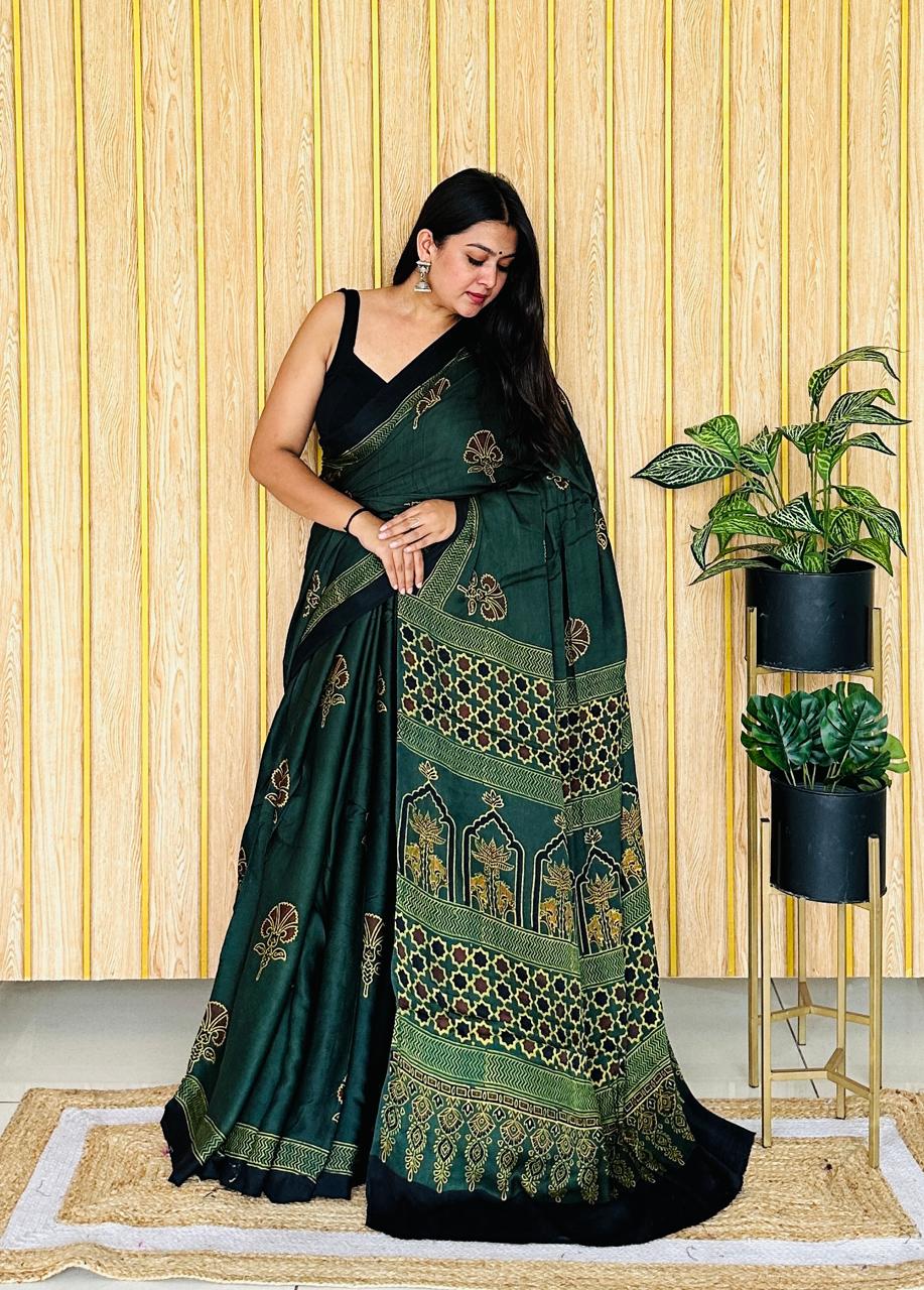 Forest Green Single Boota Ajrakh Hand Block Modal Silk Saree With Blouse