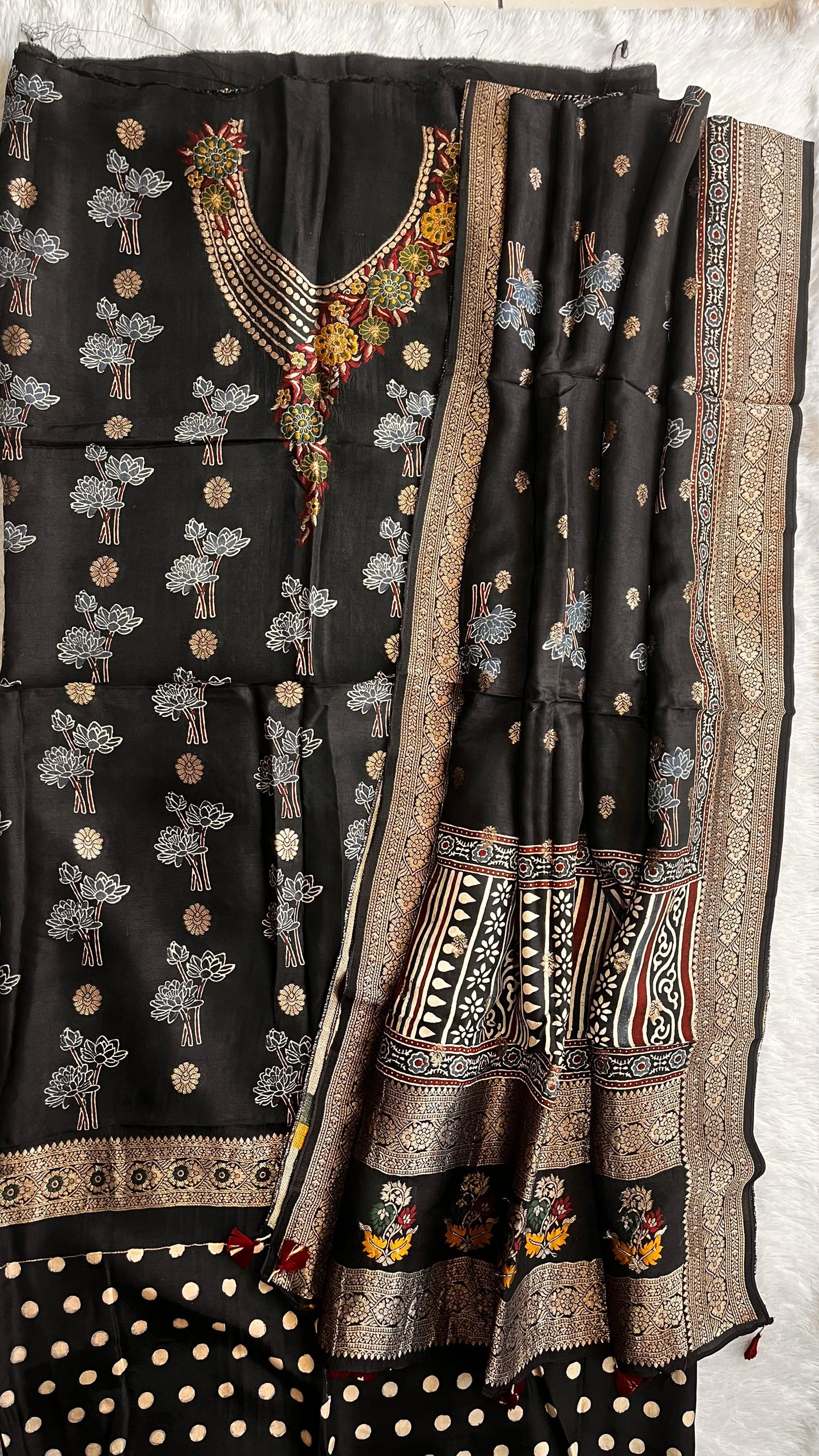 Black Boota Pure Dola Silk Ajrakh Hand Block Print 2pc Suit Material Set with Menakari Yoke and Nakkashi Dupatta