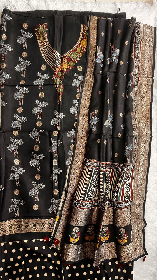 Black Boota Pure Dola Silk Ajrakh Hand Block Print 2pc Suit Material Set with Menakari Yoke and Nakkashi Dupatta
