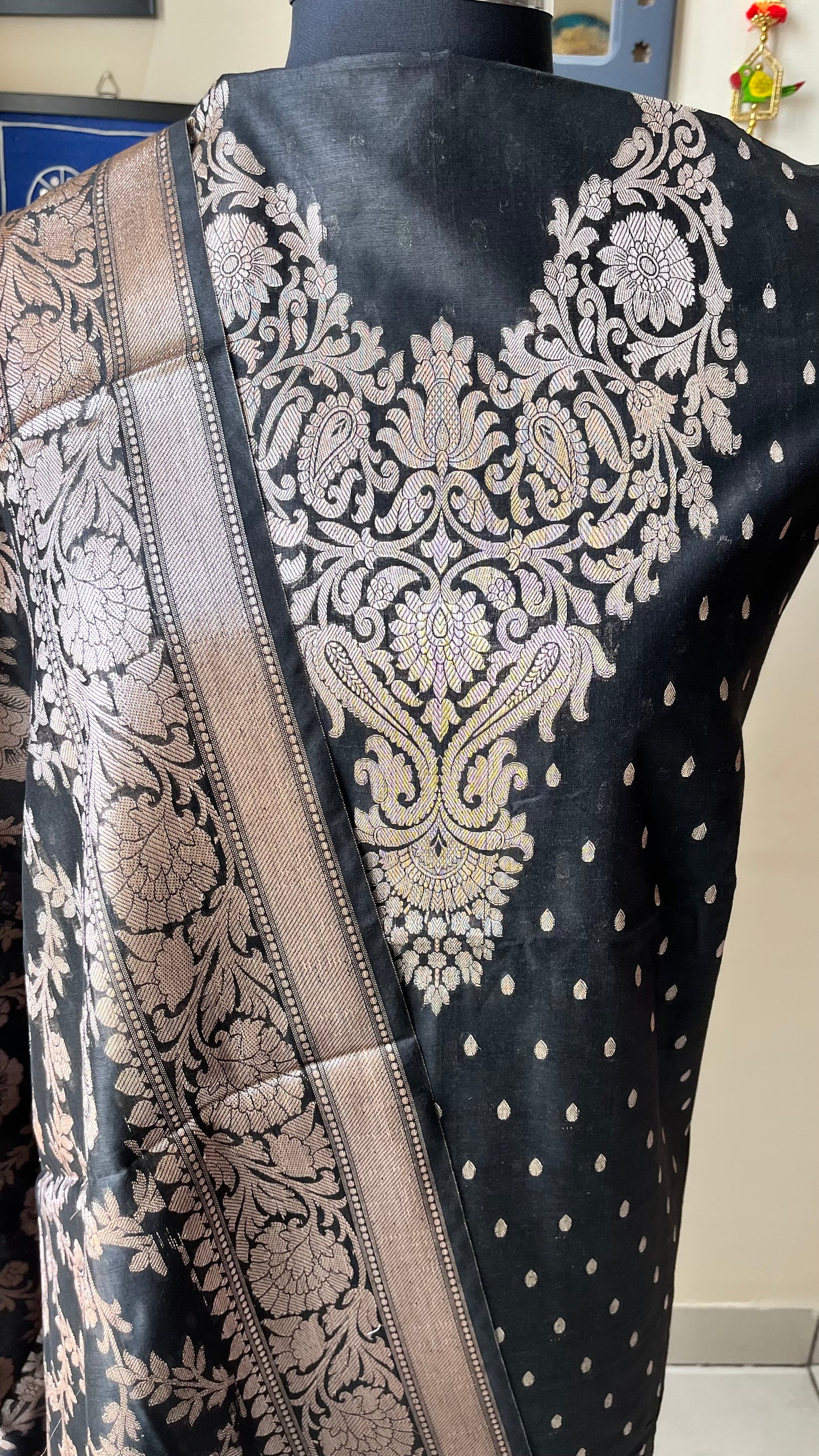 Mesmerising Black Shade Banarasi Silk Cotton 3-Piece Suit with Banarasi Woven Yoke & Dupatta
