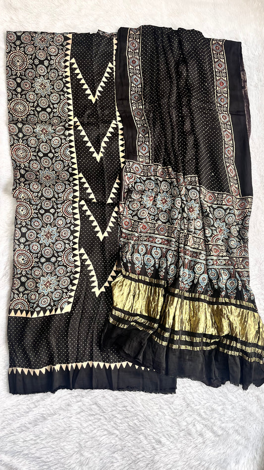 Majestic Black Polka Dot Print Modal Silk Ajrakh Natural Dyed Hand Block Suit Set with Lagdi Patti Dupatta