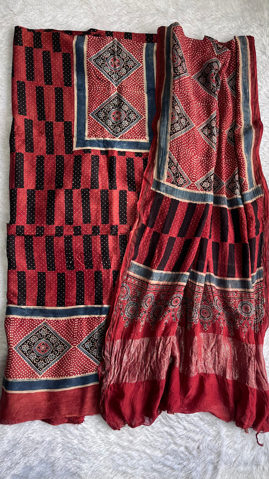Black and Red Dhaari Motif Ajrakh Hand Block Print Chanderi Silk Suit Material