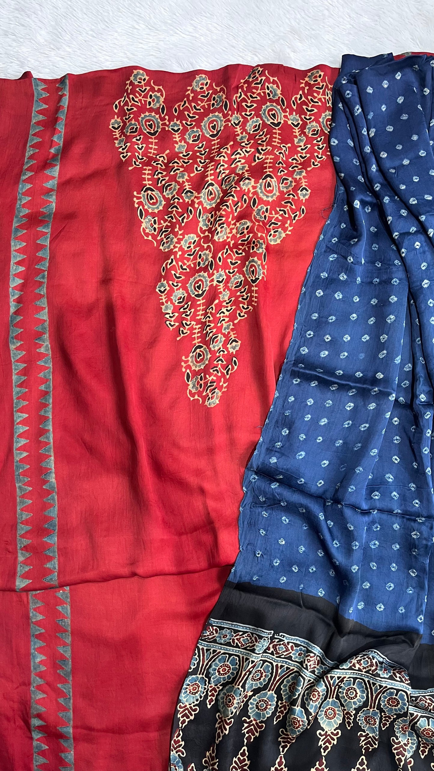 Red Boota Motif Ajrakh Hand Block Print Modal Silk Suit with Bandhej Dupatta