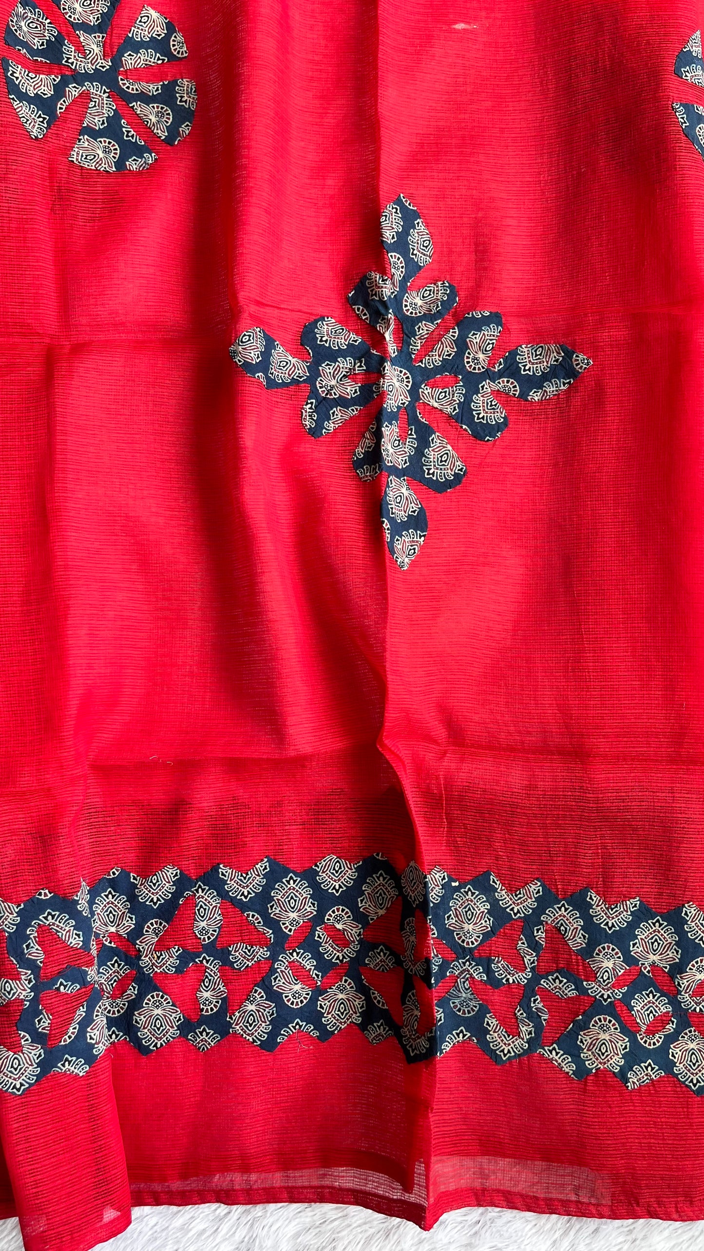 Red Kota Doria Dupatta with Blue Ajrakh Applique Patchwork