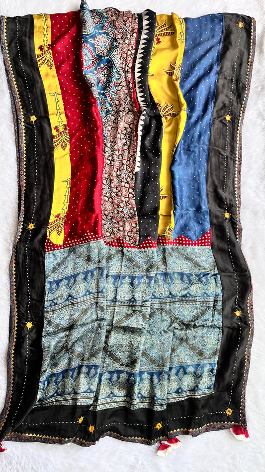 Multicolour Ajrakh Applique Patchwork Modal Silk Kantha Work Dupatta with Tassels and Mirror-work