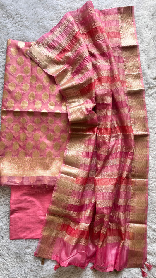 Gajri Pink Shade Banarasi Tissue Silk 3-Piece Suit with Threadwork & Crushed Organza Dupatta