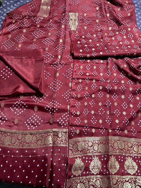 Magical Maroon Raidana Bandhej Pure Dola Silk Ajrakh Hand Block Print 3 pc Suit Material Set with Menakari Yoke and Nakkashi Dupatta and Bottom