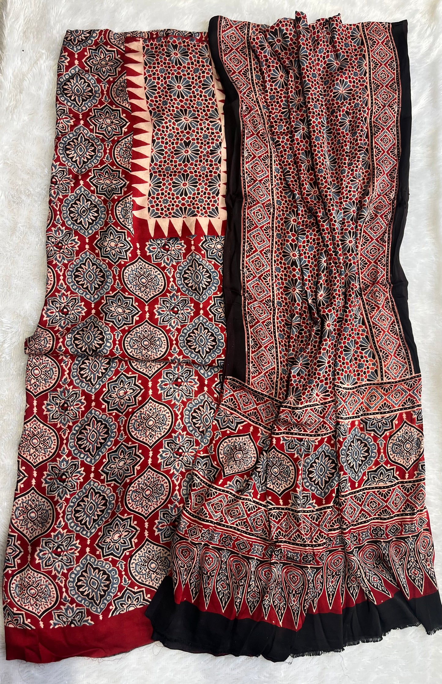 Red Badaam Buta Motif Modal Silk Hand Block Print 2pc Suit Material Set