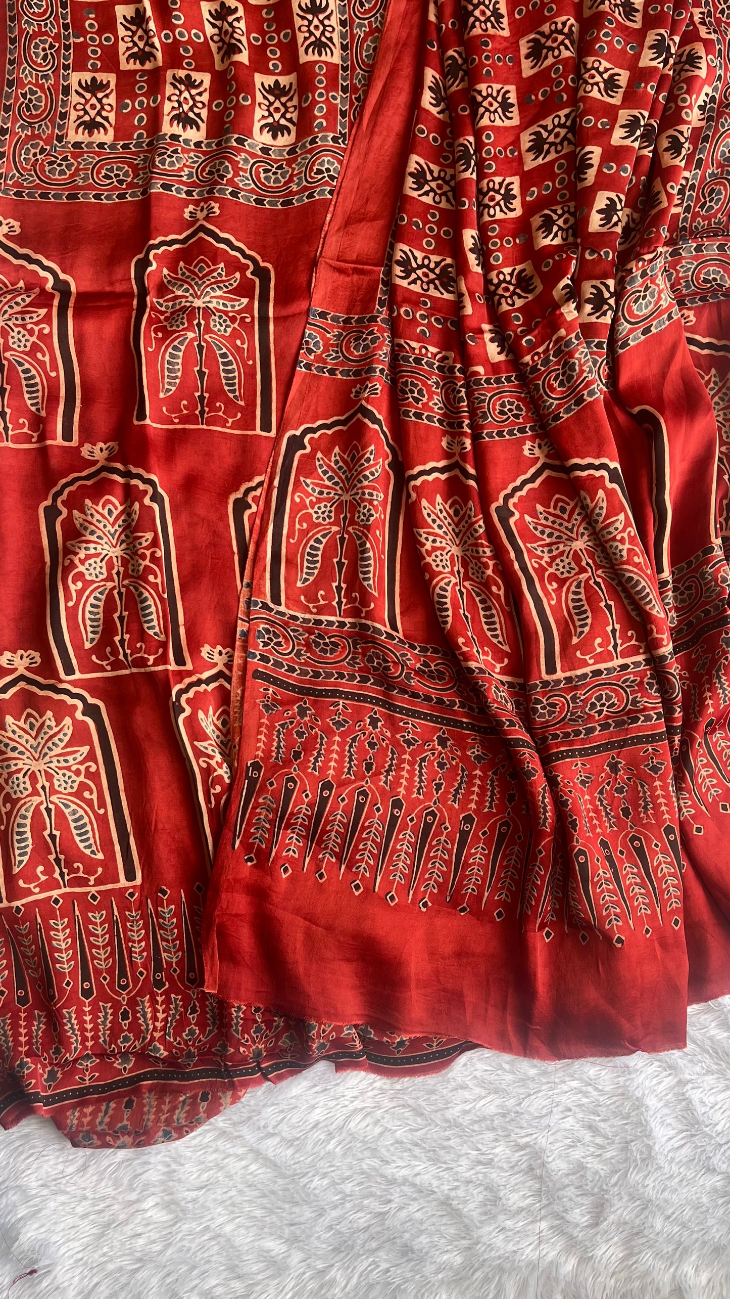 Ravishing Red Jharokha Modal Silk Hand Block Print 2pc Suit Material Set