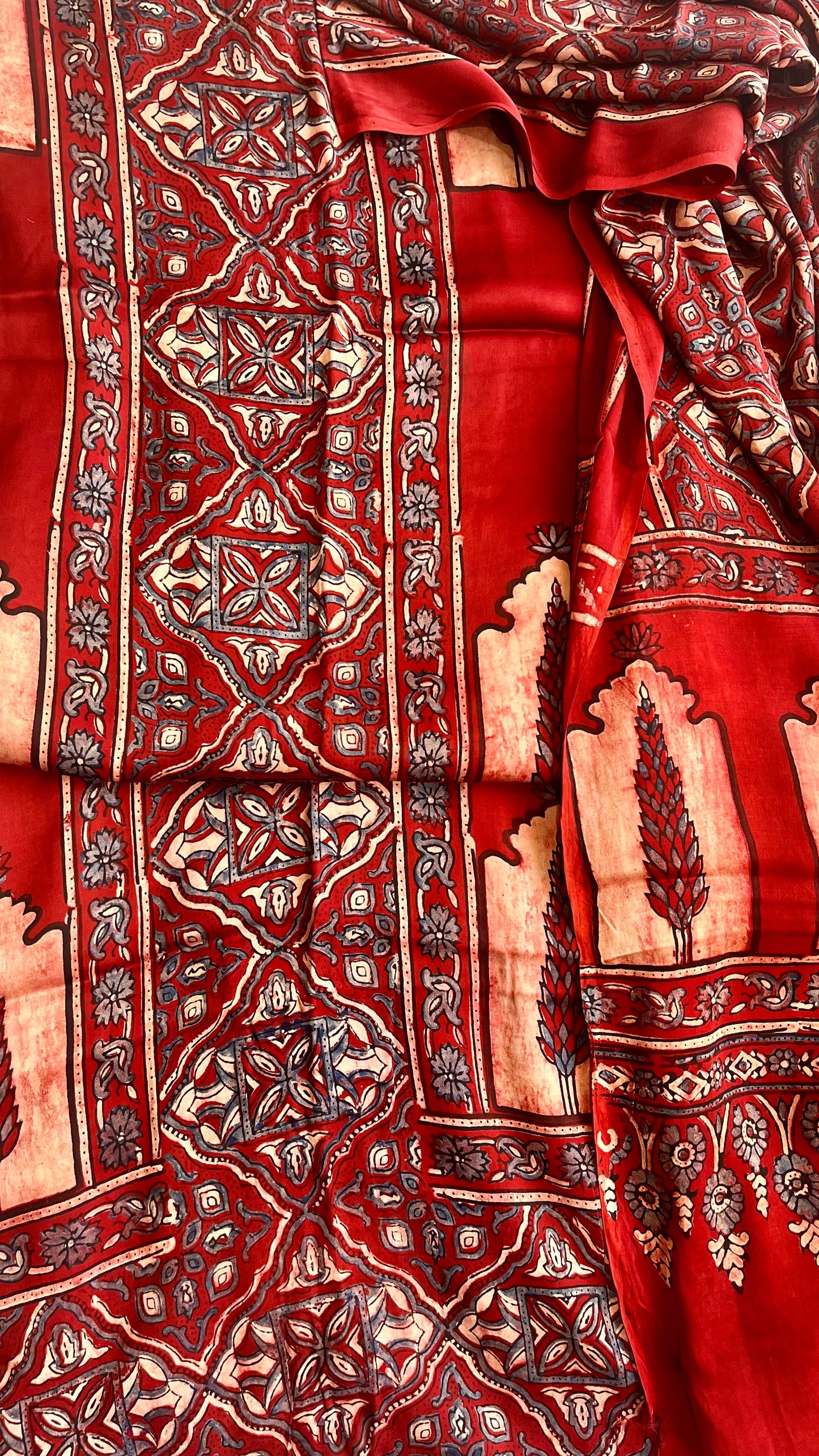 Deep Red Jharokha and Buta Motif Modal Silk Ajrakh Hand Block Suit Set