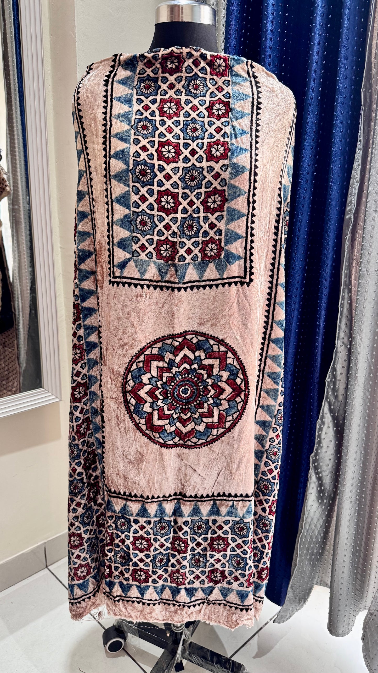 Off White with Indigo Blue and Red Buta Velvet Fabric Ajrakh Hand Block Print Designer Unstitched Fabric (Kurta Only)