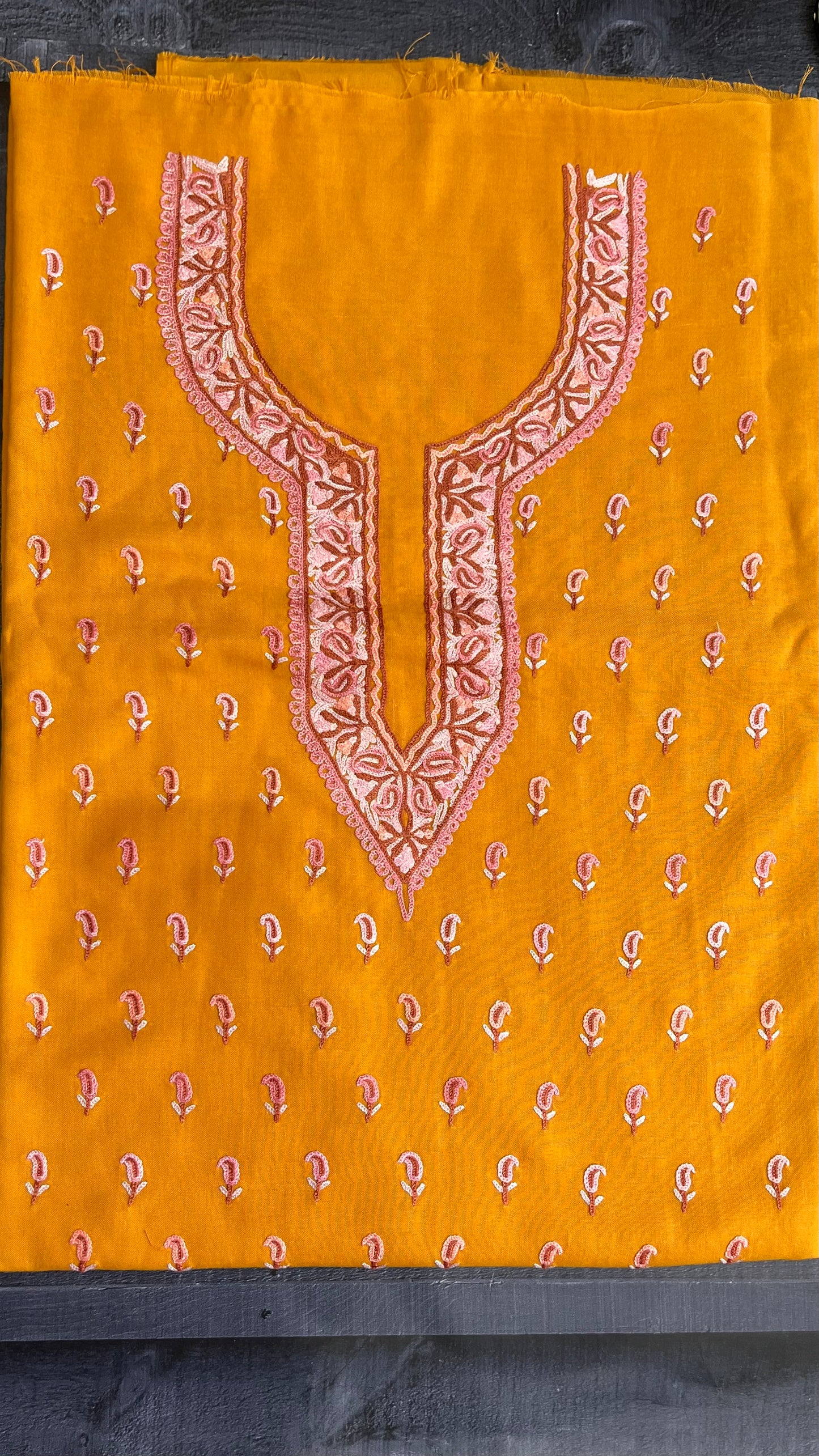 Mustard with Pink Thread work Pure Cotton Kashmiri Aari Embroidered Co Ord 2 pc Set