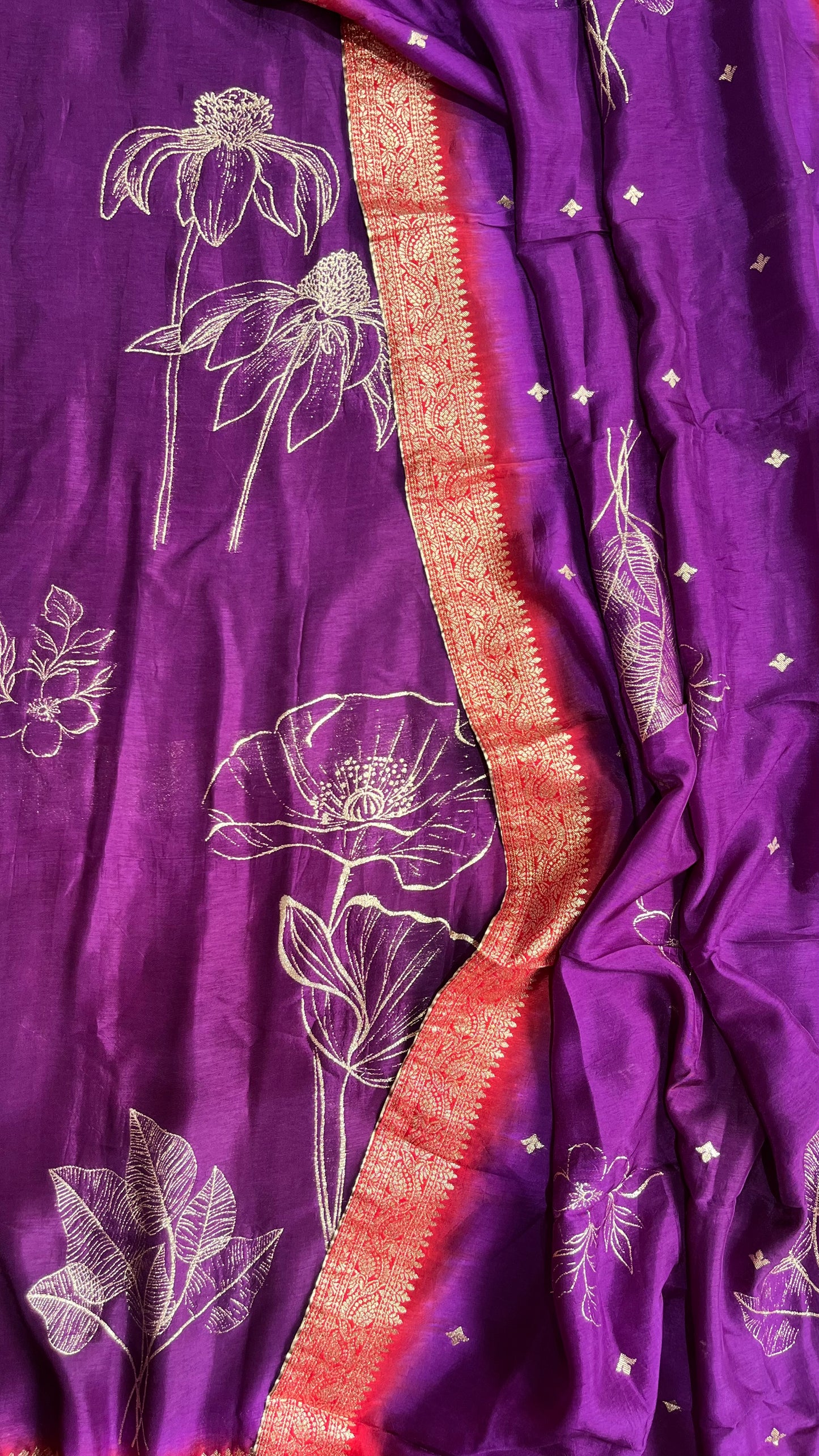 Etheral Purple Dola Silk Hand Brush Print 2pc Suit Material Set with Zari Pallu and Full Finish with Tassels