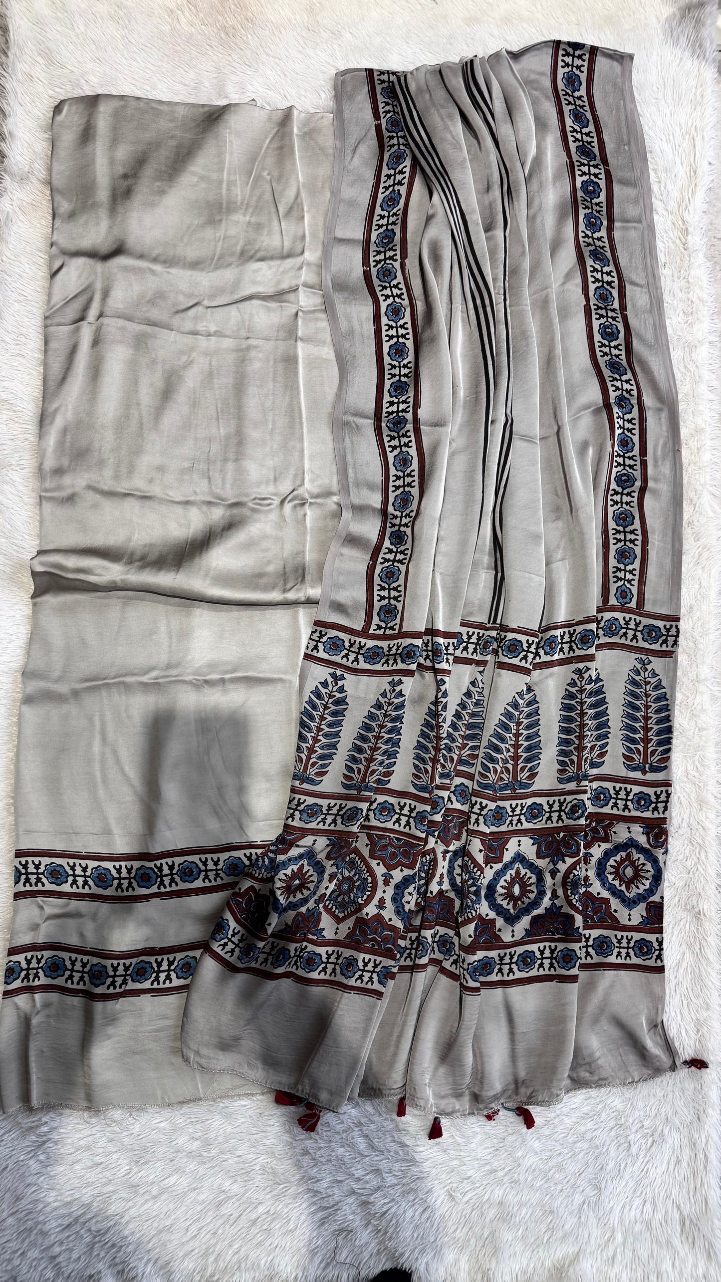 Cement Grey Shade Pure Modal Silk Suit Material with Modal Silk Applique Work Dupatta