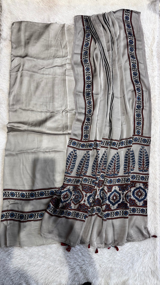 Cement Grey Shade Pure Modal Silk Suit Material with Modal Silk Applique Work Dupatta