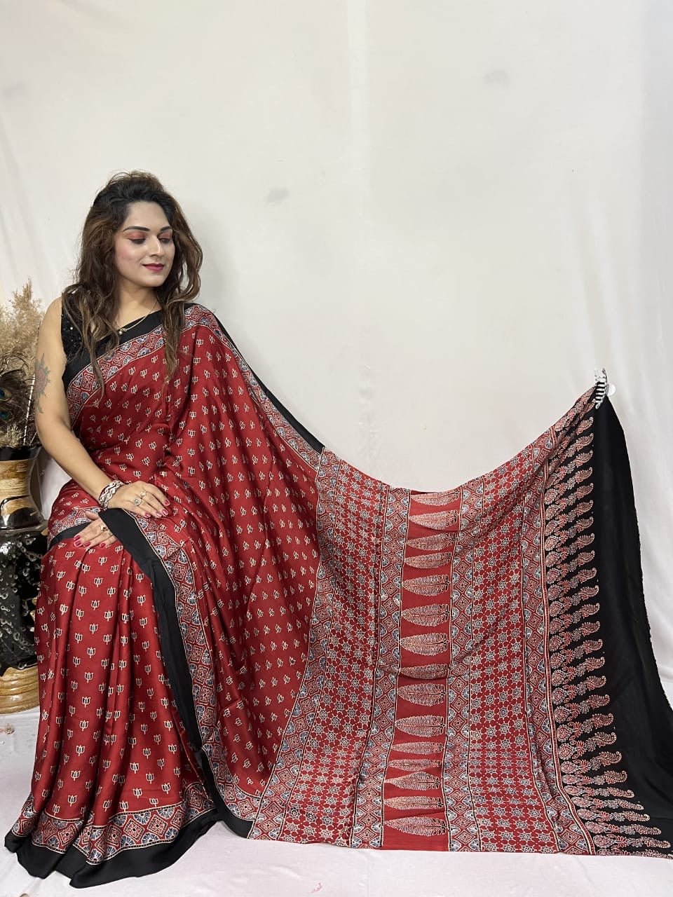 Red Small Booti Ajrakh Hand Block Natural Dye Modal Silk Saree With Blouse